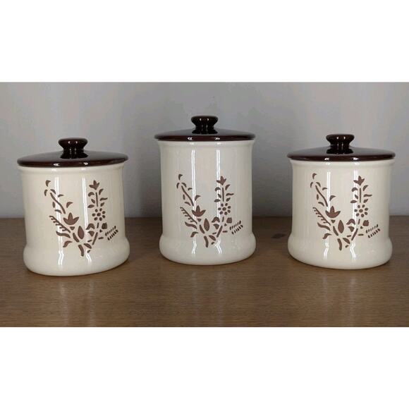 Vintage Holiday Designs USA Canister Set Of 3 Ceramic Brown White Floral Cut Out - Picture 1 of 15